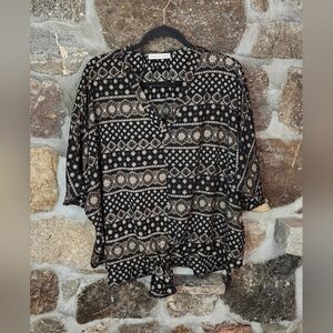 Chris & Carol Women’s Ethnic Block Print Blouse Front Tie Size Large Boho